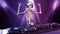 DJ Bones, human skeleton with hands up playing music on turntables, skeleton on stage with disc jockey audio equipment