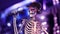 DJ Bones, human skeleton with microphone and hat playing music on turntables, skeleton with disc jockey audio equipment