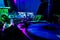 DJ Booth and Equipment, Rave Nightclub Music, Colorful Lights,