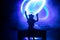 Dj club concept. Woman DJ mixing, and Scratching in a Night Club. Girl silhouette on dj\\\'s deck, strobe lights and fog on