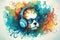 DJ dog with headphones listening to music in psychedelic watercolors. Generative ai illustration