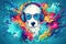 DJ dog with headphones listening to music in psychedelic watercolors. Generative ai illustration