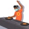 DJ in a face mask is playing some music during quarantine with his hand up