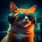 DJ Ginger Cat Wearing Sunglasses and Headphones, Playing Music. Generative AI