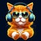 DJ Ginger Cat Wearing Sunglasses and Headphones, Playing Music. Generative AI