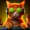 DJ Ginger Cat Wearing Sunglasses and Headphones, Playing Music. Generative AI