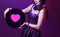 Dj headphone equipment disco girl party retro vintage ultraviolet mixer young woman vinyl glamor valentine`s day plastic pink