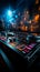 The DJ mixer table stands as the luminous heart of the nightclub.