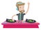 DJ mixing music on turntables vector illustration.