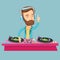 DJ mixing music on turntables vector illustration.