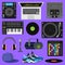 DJ music vector discjockey playing disco on turntable sound record set with headphones and players audio equipment for