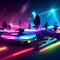 Dj playing music on turntable with neon lights. Vector illustration AI generated