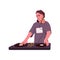 DJ playing recorded music at electronic audio controller. Modern man at console mixer mixing sounds with turntable