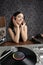 Dj retro woman vintage vinyl turntable music