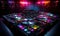 A dj\\\'s turntable in a dark room with neon lights