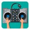 DJ turntable, modern headphones and human hands that play music