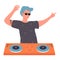 DJ young man with sunglasses on musical party vector illustration. Cartoon flat male dancing DJ character with turntable