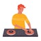 DJ young stylish man on musical party vector illustration. Cartoon flat male DJ character with turntable mixer making