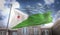 Djibouti Flag 3D Rendering on Blue Sky Building Background