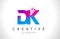 DK D K Letter Logo with Shattered Broken Blue Pink Texture Design Vector.