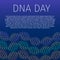 DNA day typography poster. Neon helix of human DNA molecule. Science concept vector illustration. Easy to edit template for banner