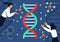 Dna, gene inheritance, biology science. Woman and man holding and explore genome, medicine discovery. Scientific