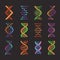 DNA icons. Biochemistry researching laboratory double helix symbols, gene model pictograms. Genetic code molecule vector