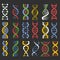 DNA molecule chains colourful icons collection on black background