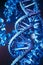 DNA molecule helix spiral on blue background. Genetics biotechnology and science. Eco concept for medical, research and