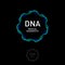 DNA solution logo. DNA emblem consist of blue and turquoise double spiral as circle on a dark background.