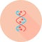 DNA spiral in circle icon with long shadows. Deoxyribonucleic, nucleic acid helix. Spiraling strands. Chromosome. Molecular biolog