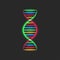 DNA spiral logo, deoxyribonucleic acid genetic instructions symbol, glowing neon thin multicolored lines