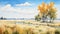 Dnieper River Grassland Watercolor Painting With Willow And Poplar Trees