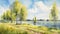 Dnieper River Grove Watercolor Painting With Willow And Poplar Trees