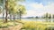 Dnieper River Grove Watercolor Painting With Willow Trees