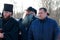 Dnipro city, Ukraine. Famous Mayor Boris Filatov stands on the street with Metropolitan Simeon and Orthodox Jew. Filatov is a