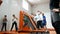 DNIPRO, UKRAINE-April 27, 2018: Children warm up before training in trampoline center, April 27, 2018 in Dnipro, Ukraine