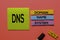 DNS - Domain Name System acronym write on sticky notes isolated on Pink background