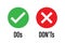 Do dont icon. good true dos and bad false donts. like unlike error. green red circles on white backgrounds. okay fail sign. ok