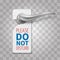 Do not disturb room vector sign. Hotel door hangers on silver realistic door handle isolated on transparent background