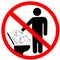 Do not litter in toilet icon. Keep clean sign. No to throw garbage into toilet in prohibition warning caution red circle