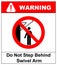 Do not step behind swivel arm sign. No people under raised load. Flat illustration isolated on white. Warning banner