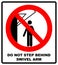 Do not step behind swivel arm sign. No people under raised load. Flat vector illustration isolated on white. Warning