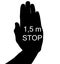 Do not touch! Stop hand sign and don`t touch. Stop gesture to protect yourself and keep your distance with text 1,5 m STOP