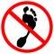 Do not walk barefoot prohibited warning road sign on white Background