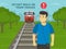 Do not walk on train tracks and cross at designated crossing only. Male character listening to loud music and walking tracks.