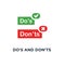 do\'s and don \'ts red and green badge icon, symbol of rules of conduct for people like fail or incorrect decision concept simple