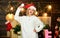 Do something exciting and crazy to remember the festive with. Girl adorable smiling face Santa claus hat enjoy season