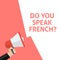DO YOU SPEAK FRENCH? Announcement. Hand Holding Megaphone With Speech Bubble