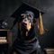 Doberman dog in a black academic cap, unusual cute portrait,